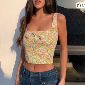 With Jean Floral Corset Top Pink Lace Up Tank Spring Cottagecore Girly XS